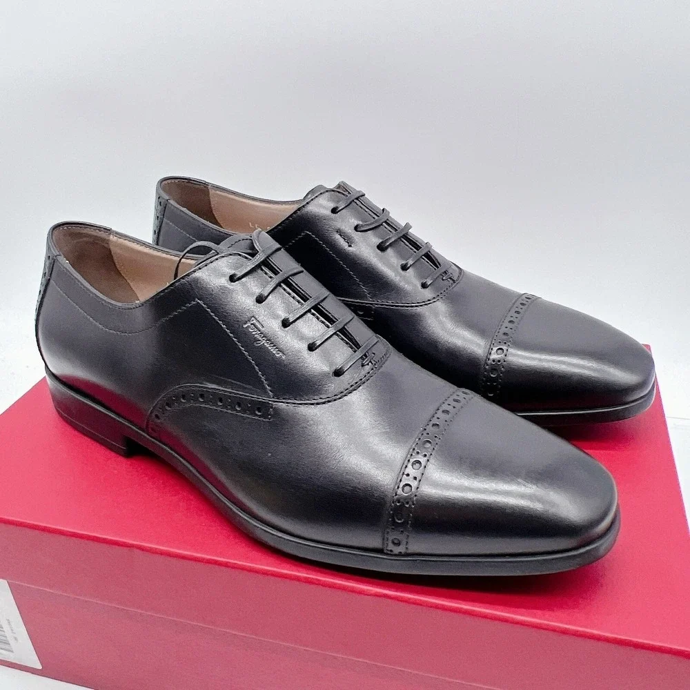 Salvatore Ferragamo Riley Men Dress Shoes Lace Up Oxfords Black Leather US 7 EE